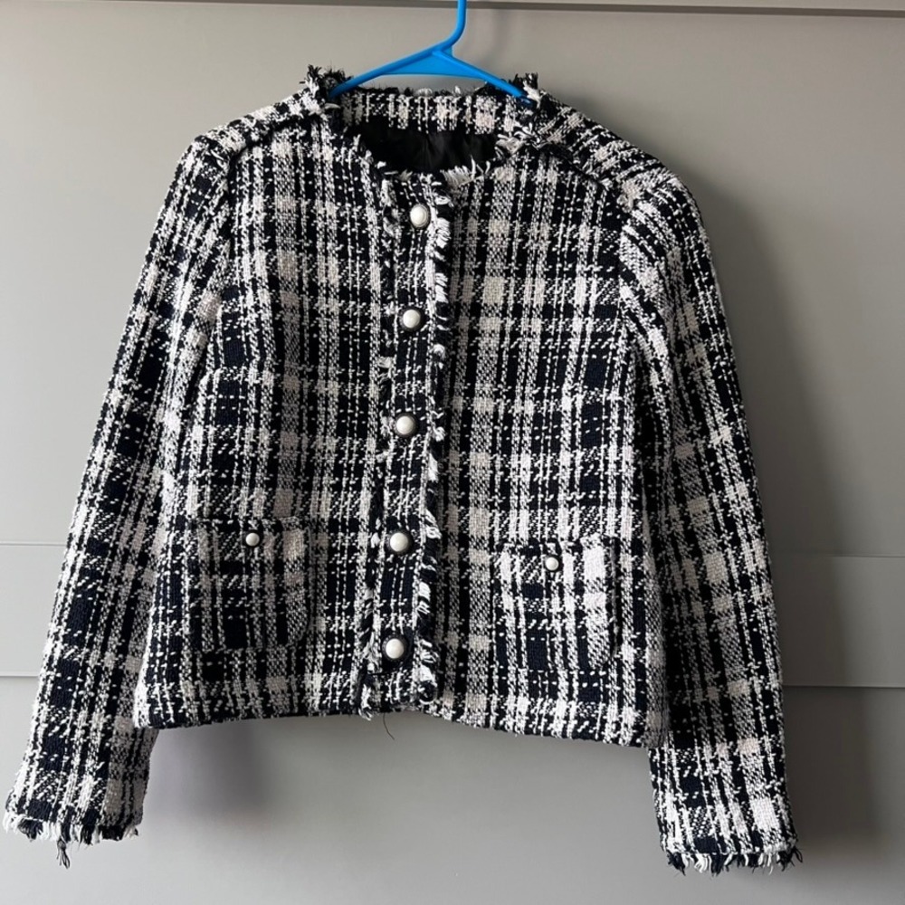 Zara Basic Collection Black White Plaid Tweed Fri… - image 1